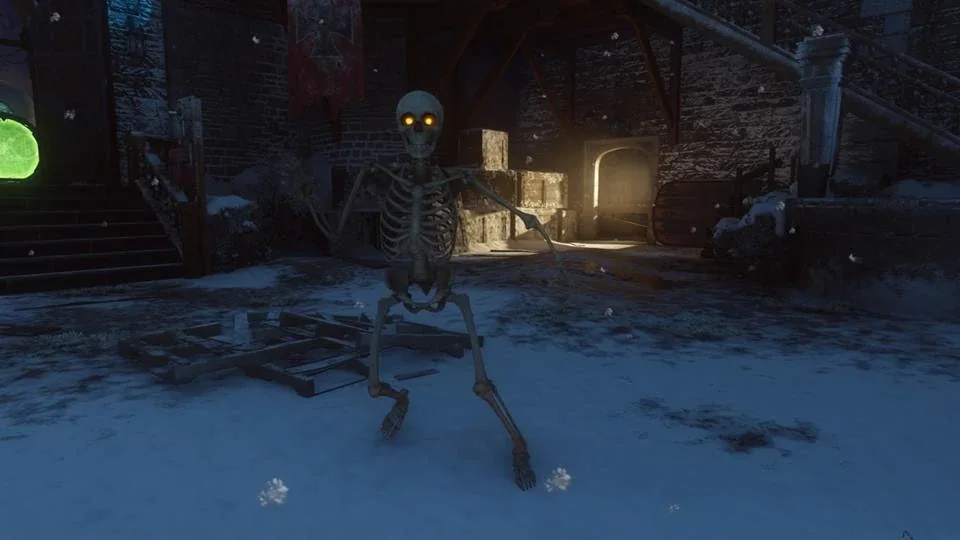 A skeleton walking in the castle after the skulls side Easter egg in Der Eisendrache, Call of Duty Black Ops III Zombies