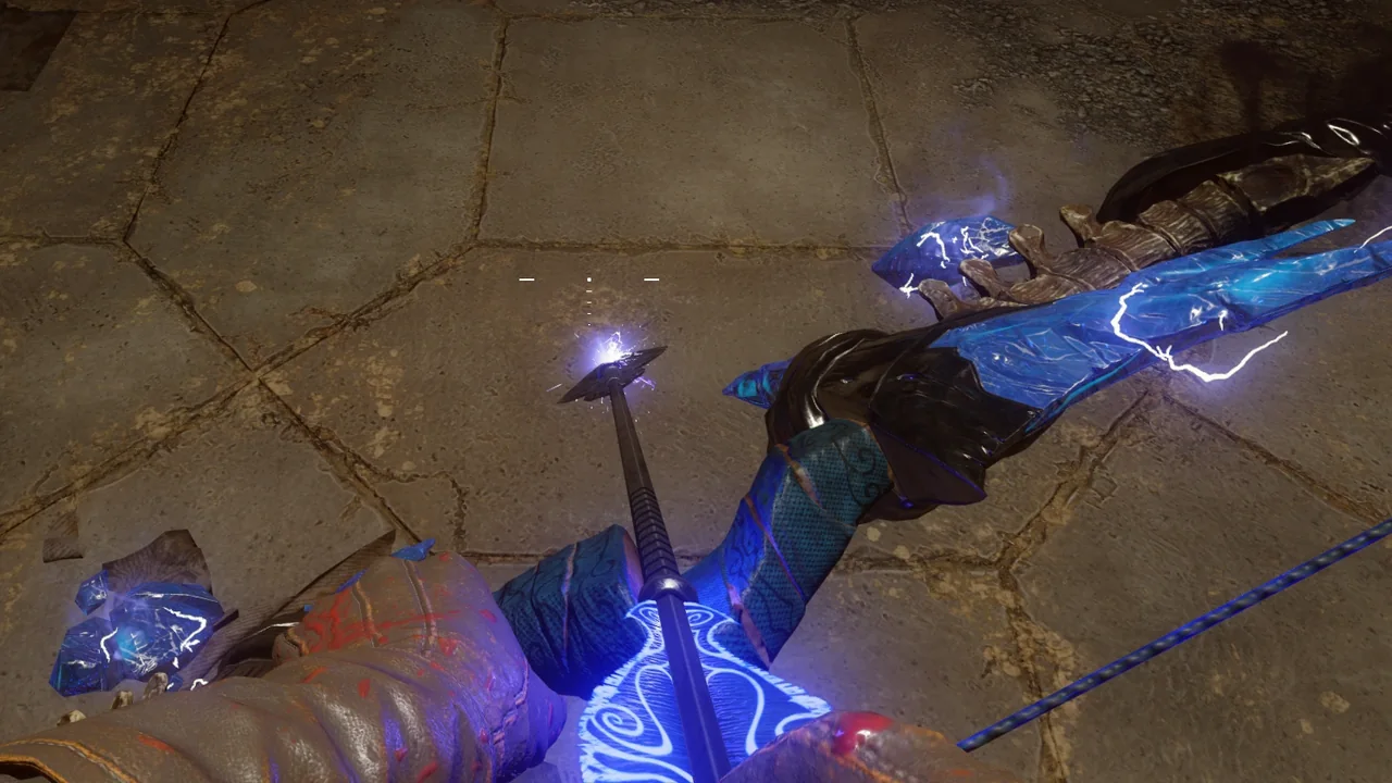 The Storm Bow, Kreema'ahm la Ahmahm, with its electric arrow, first-person view in Der Eisendrache, Call of Duty Black Ops III Zombies