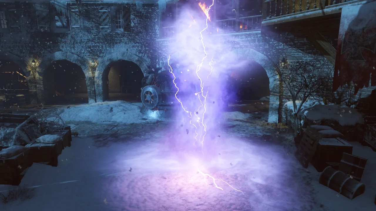 The thunderstorm of a charged Storm Bow shot in Der Eisendrache, Call of Duty Black Ops III Zombies