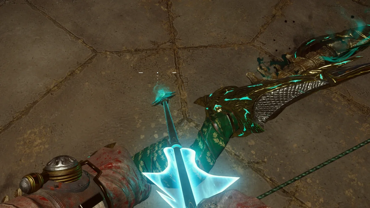 The Wolf Bow, Kreeholo lu Kreemasaleet, with its teal arrow, first-person view in Der Eisendrache, Call of Duty Black Ops III Zombies