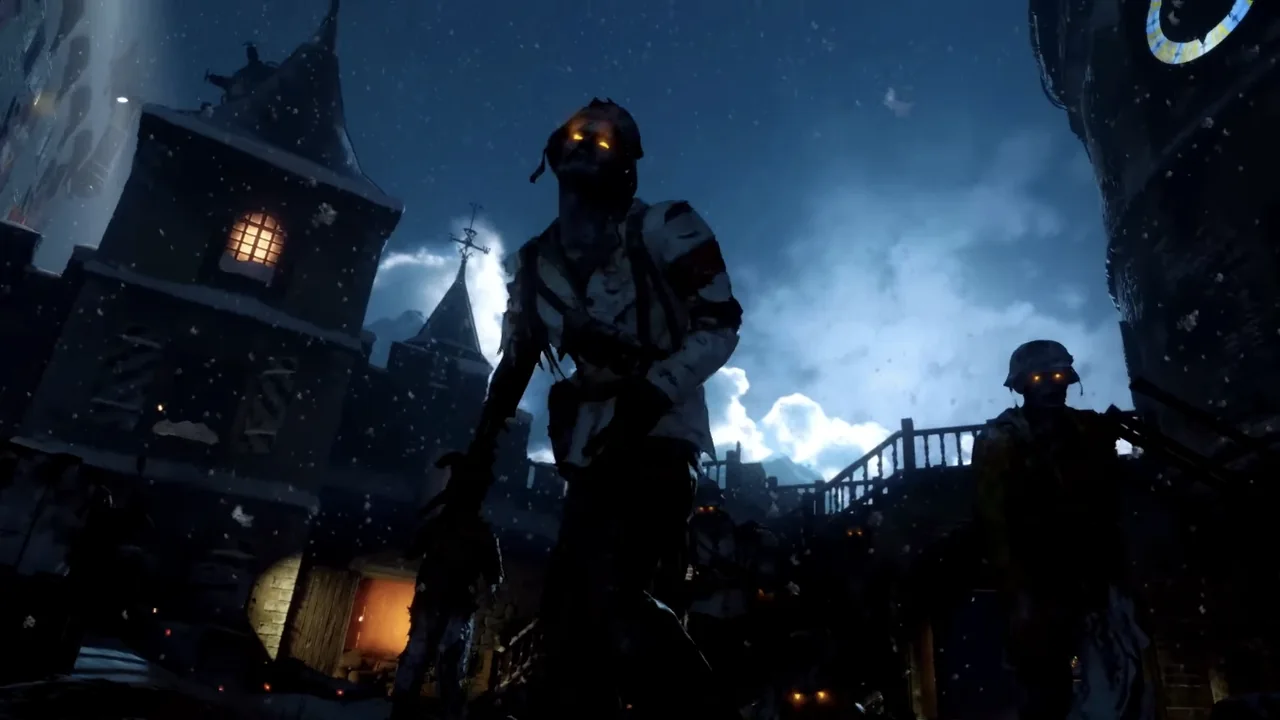 Zombies with glowing eyes in a snowy courtyard of the castle in Der Eisendrache, Call of Duty Black Ops III Zombies