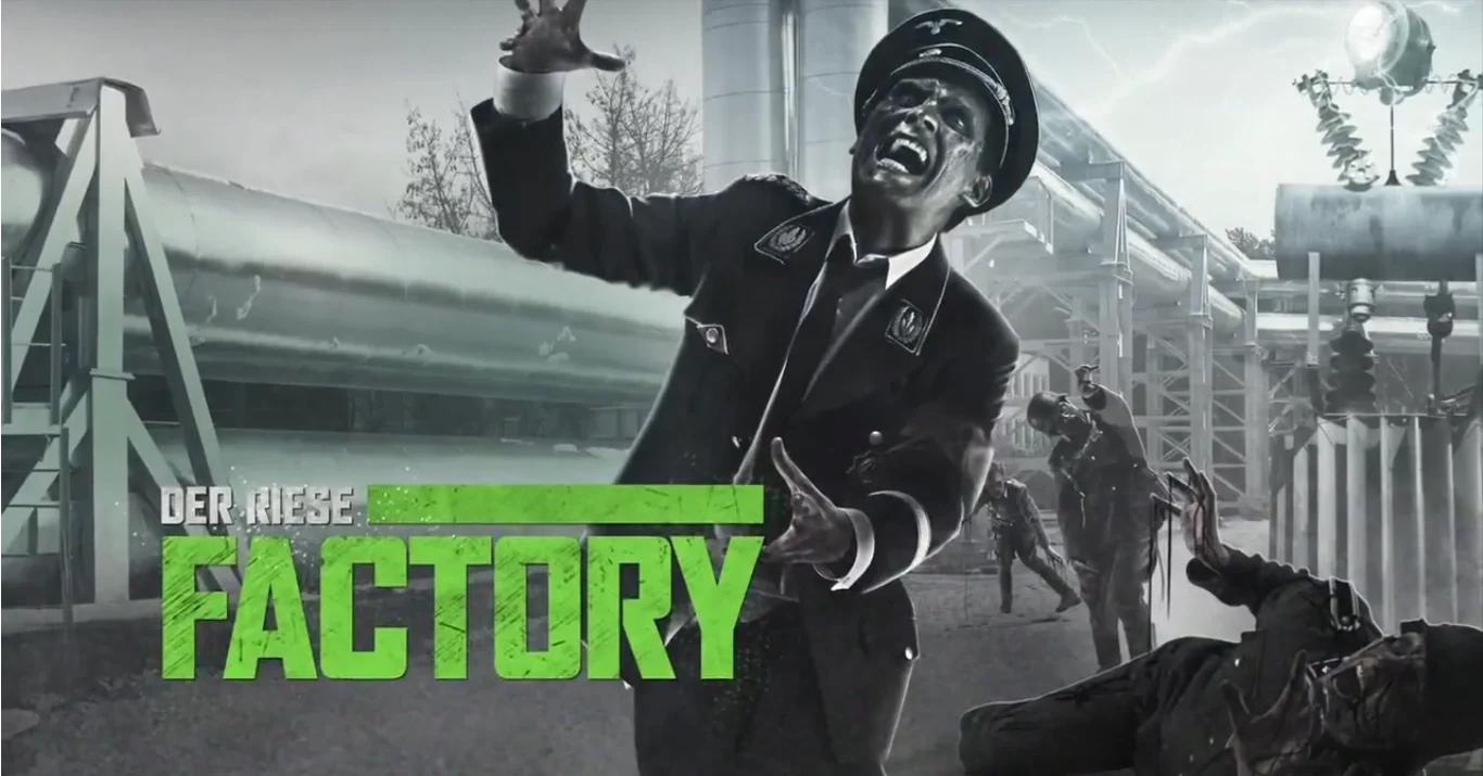 Der Riese Factory artwork with a zombie officer, the Black Ops Zombie Labs map image, Call of Duty Black Ops Zombies