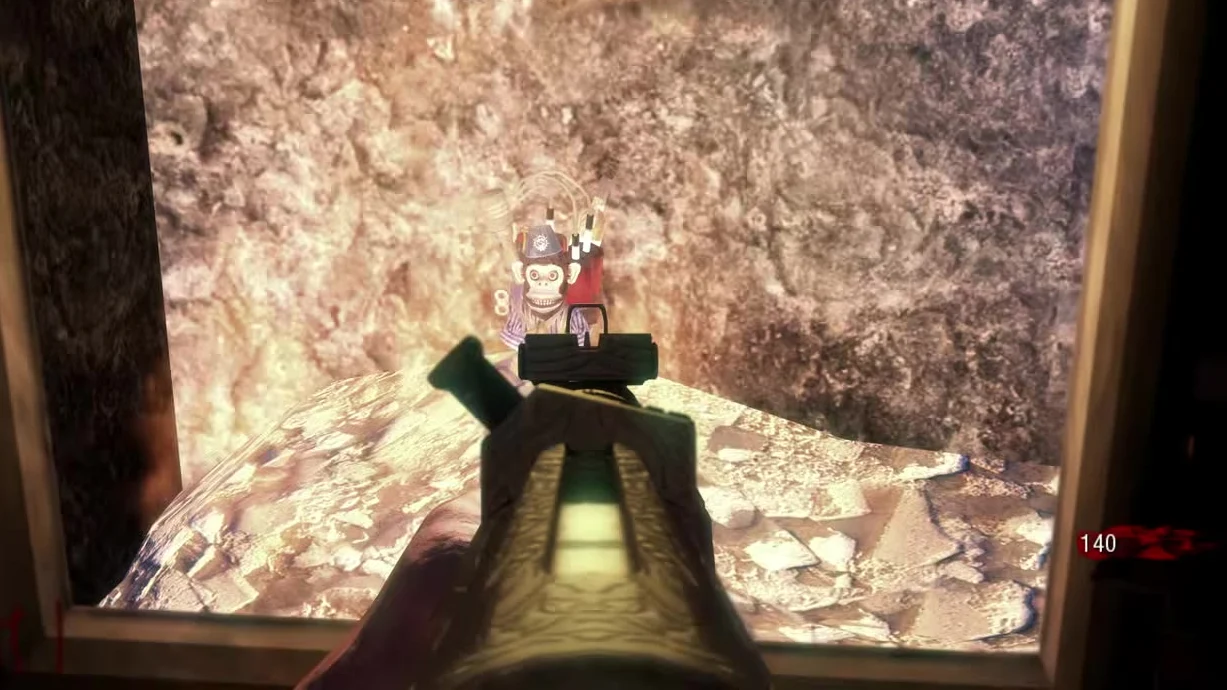 The Monkey Bomb holding a grenade and a Molotov in the furnace, one of the three Fly Trap objects in Der Riese, Call of Duty Black Ops Zombies