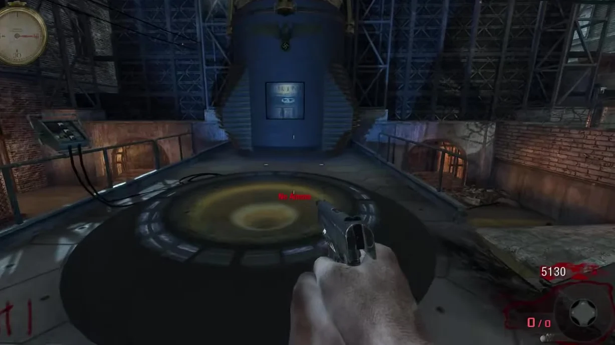 The mainframe pad of Der Riese with the link stopwatch on screen, the Pack-a-Punch shutter behind it, Call of Duty Black Ops Zombies