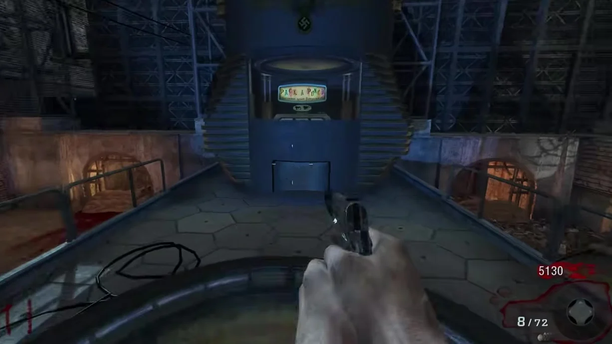 The closed blue shutter of the Pack-a-Punch on the mainframe platform in Der Riese, Call of Duty Black Ops Zombies
