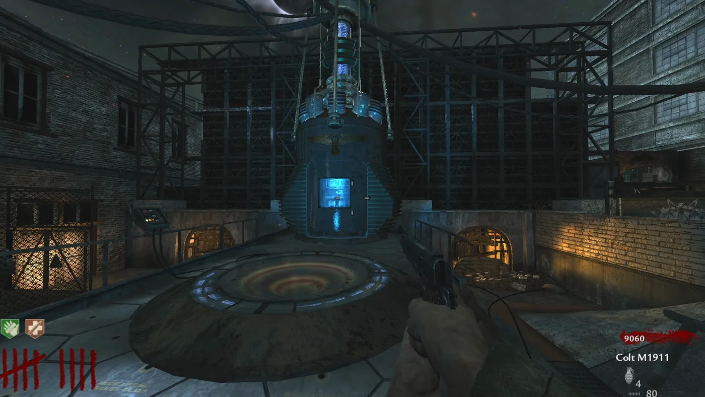 The starting courtyard around the mainframe, with the Pack-a-Punch shutter on the platform, Der Riese, Call of Duty World at War Zombies