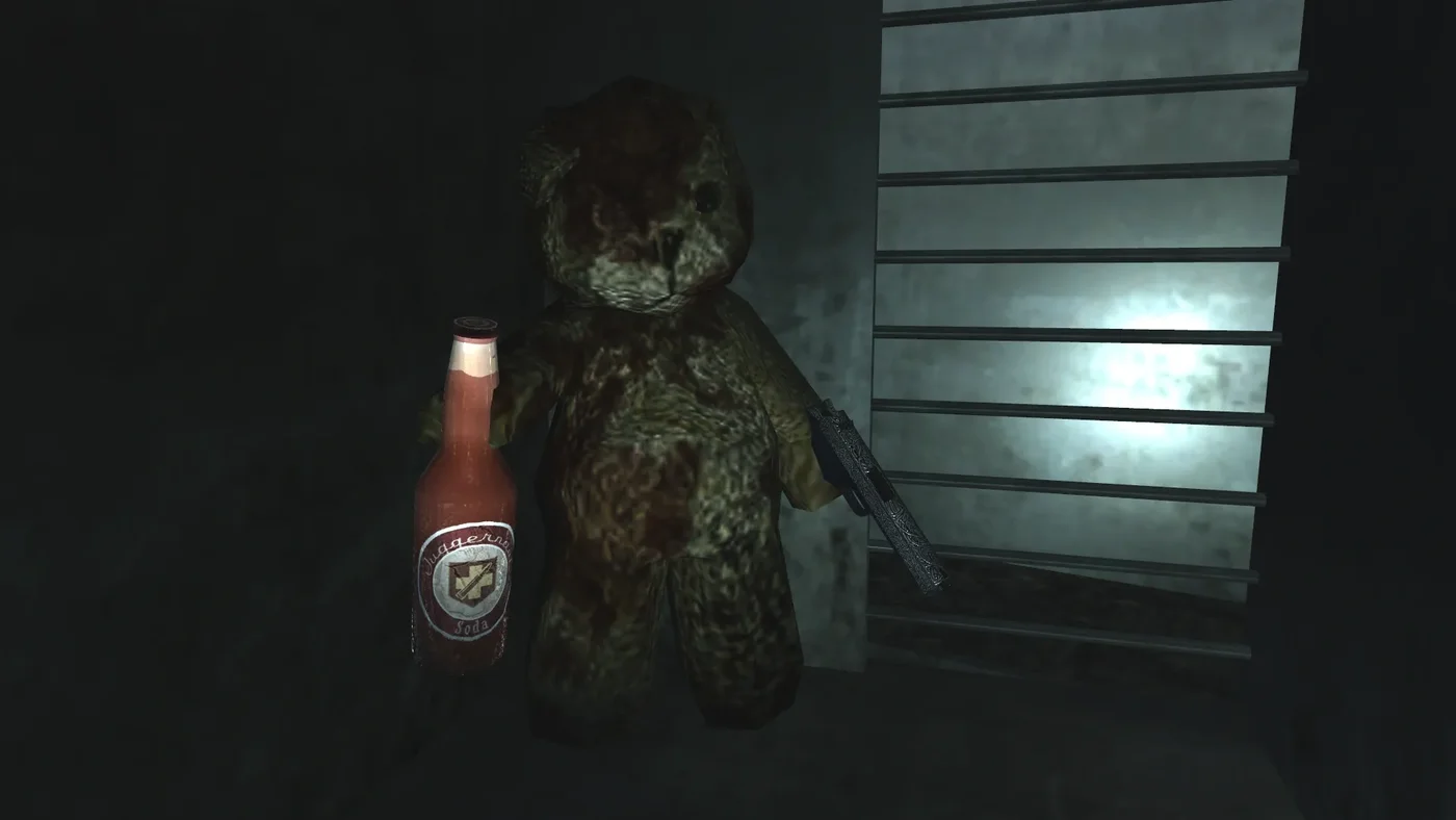 A teddy bear with a Juggernog bottle in a cage, Der Riese, Call of Duty World at War Zombies
