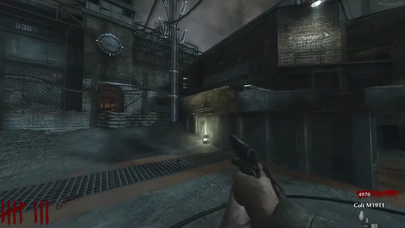 The Kar98k chalk outline under the factory clock and the Waffenfabrik Der Riese sign, Der Riese, Call of Duty World at War Zombies