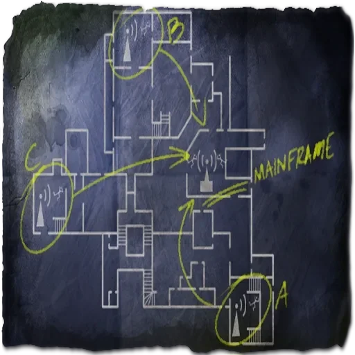 Plan of the factory with the three teleporters and the mainframe marked, Der Riese, Call of Duty World at War Zombies