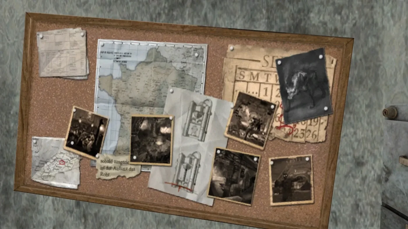 The noticeboard near Teleporter A with photos of zombies in Paris, Der Riese, Call of Duty World at War Zombies