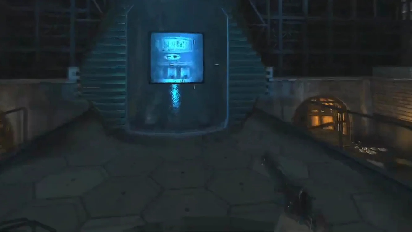 The closed shutter of the Pack-a-Punch Machine next to the mainframe, Der Riese, Call of Duty World at War Zombies