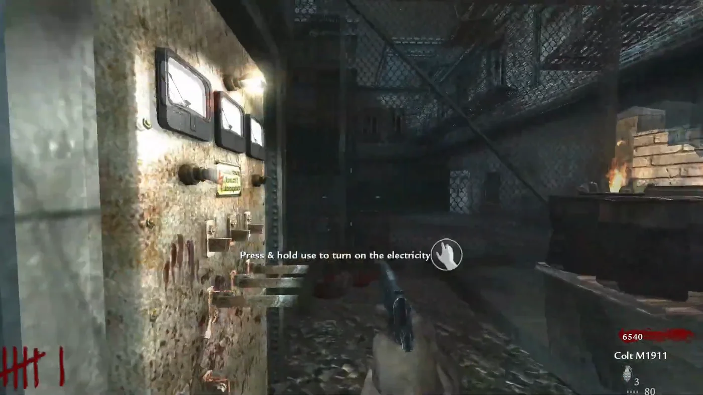 The power switch panel of the Courtyard, with its prompt to turn on the electricity, Der Riese, Call of Duty World at War Zombies