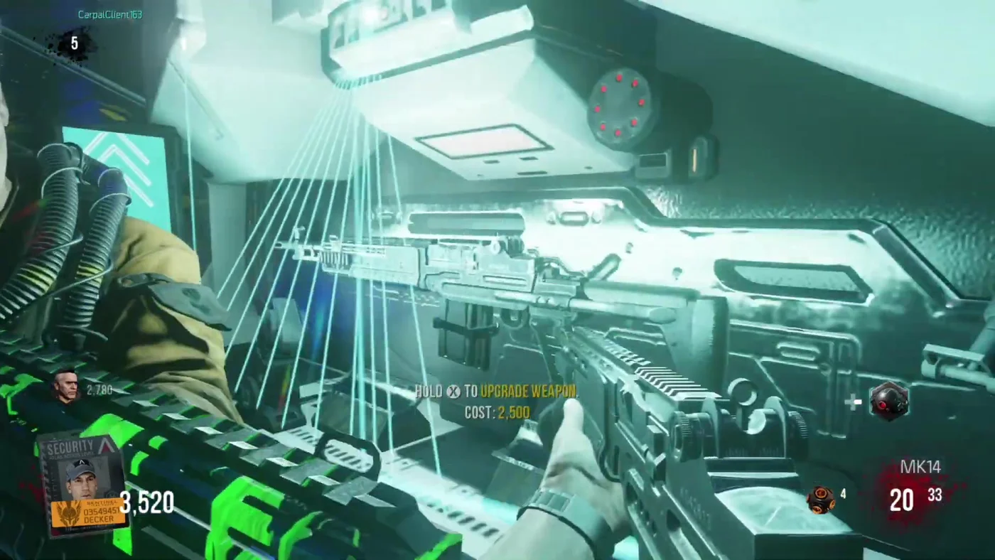 An MK14 on the Upgrade Station of Oz's arena during round 5, cost 2,500, Descent, Call of Duty Advanced Warfare Zombies