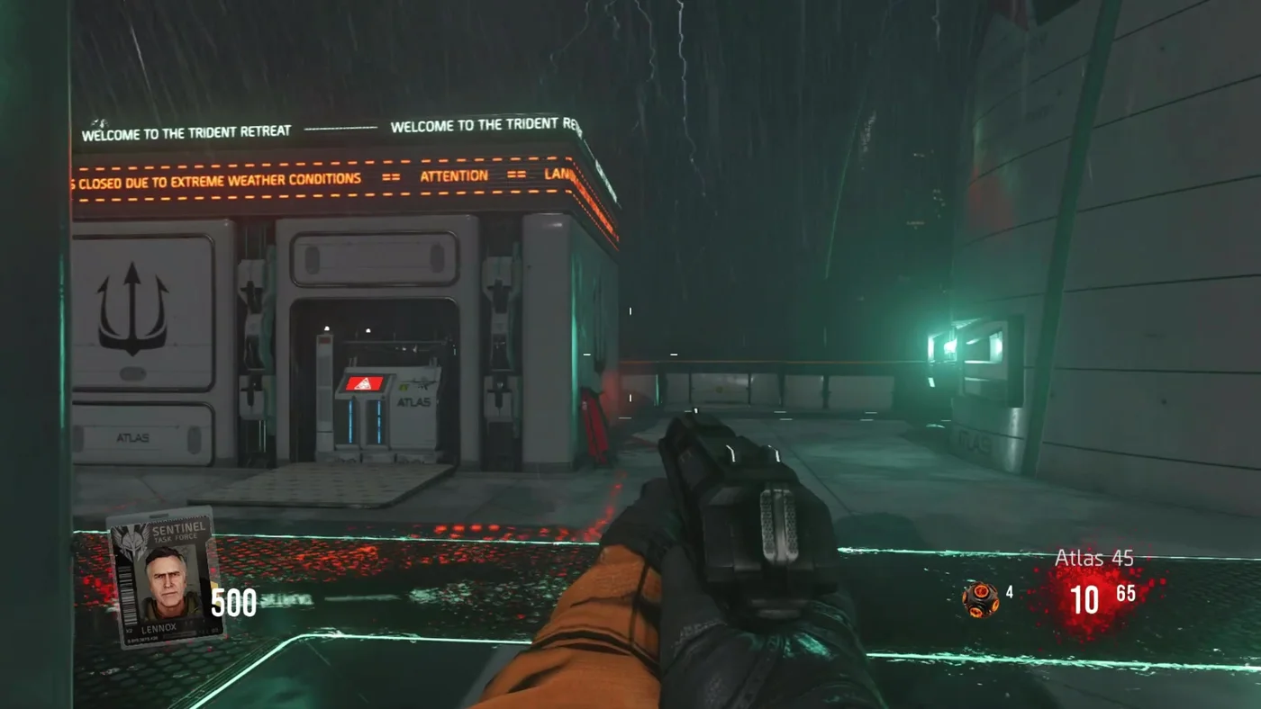 The Landing at the start of a game, in the rain under the Welcome to the Trident Retreat sign, with the Atlas 45 in hand, Descent, Call of Duty Advanced Warfare Zombies