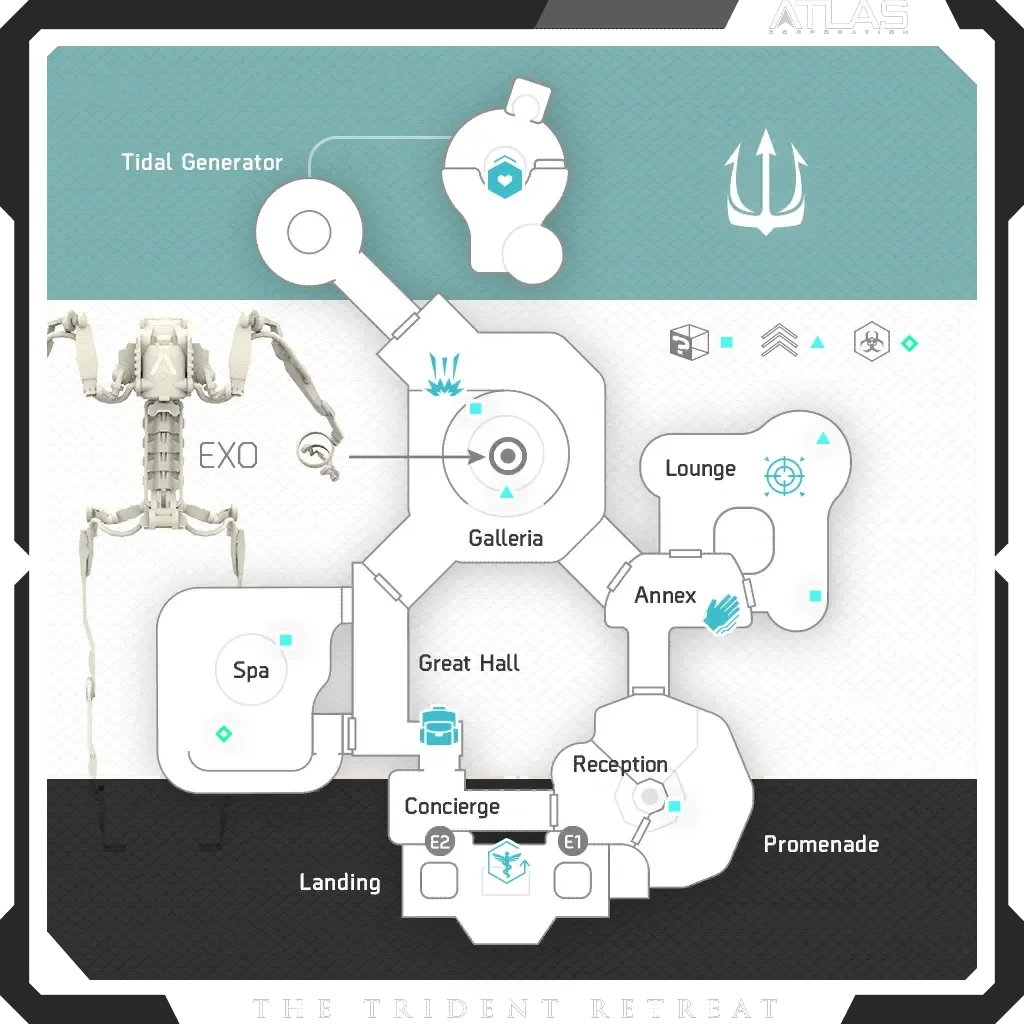 Plan of the Trident Retreat with its areas, from the Landing to the Tidal Generator, Descent, Call of Duty Advanced Warfare Zombies