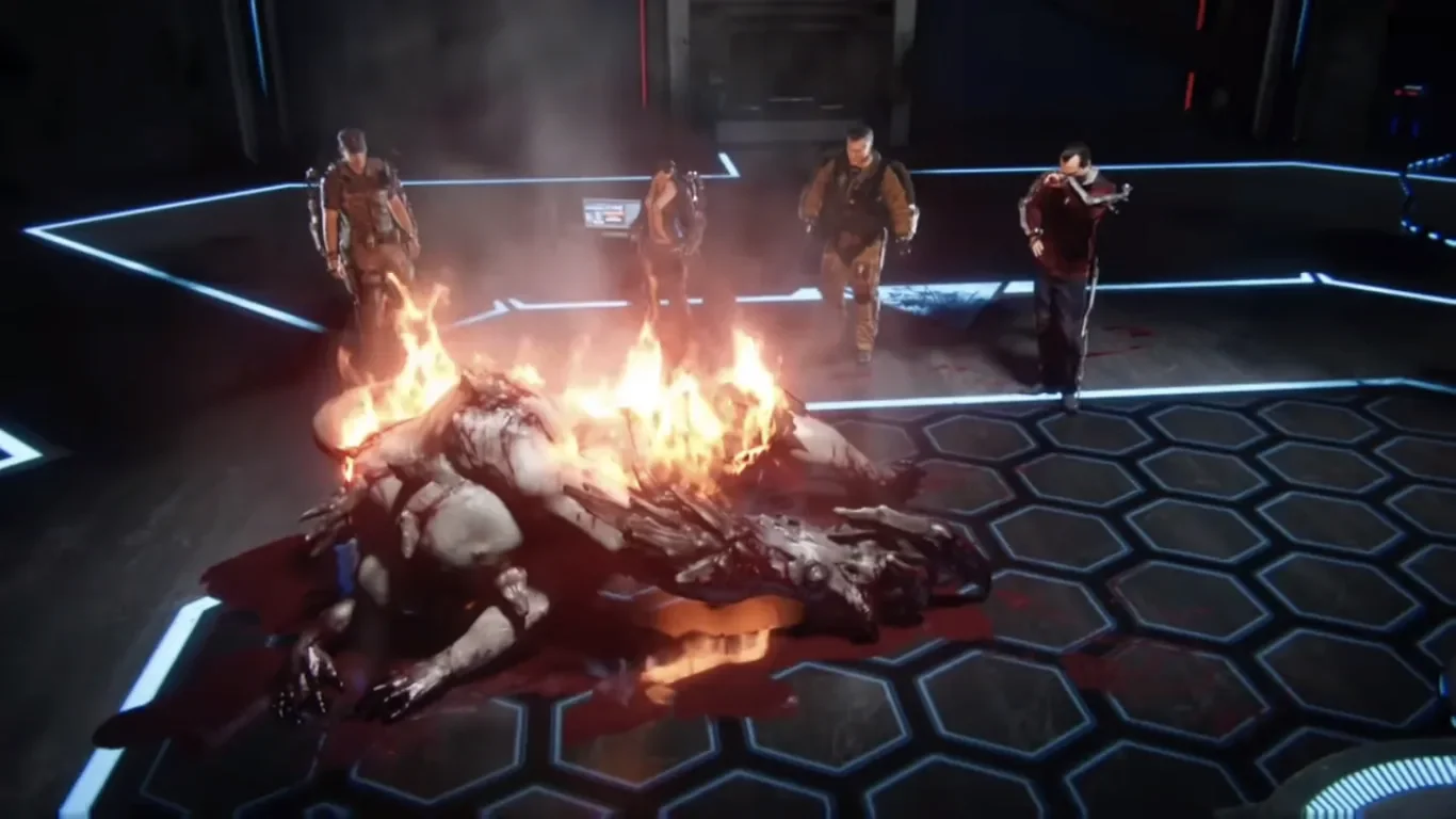Lilith burning the body of Oz with a flamethrower while the crew watches, end cinematic, Descent, Call of Duty Advanced Warfare Zombies