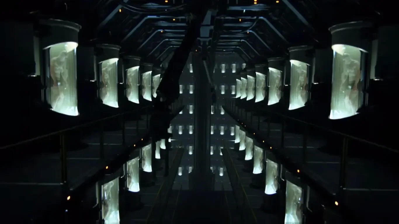 Rows of pods holding clones of Oz in a hidden room, end cinematic, Descent, Call of Duty Advanced Warfare Zombies
