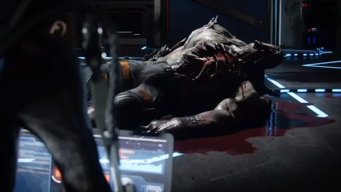 The body of the mutated Oz on the floor of the arena, end cinematic, Descent, Call of Duty Advanced Warfare Zombies