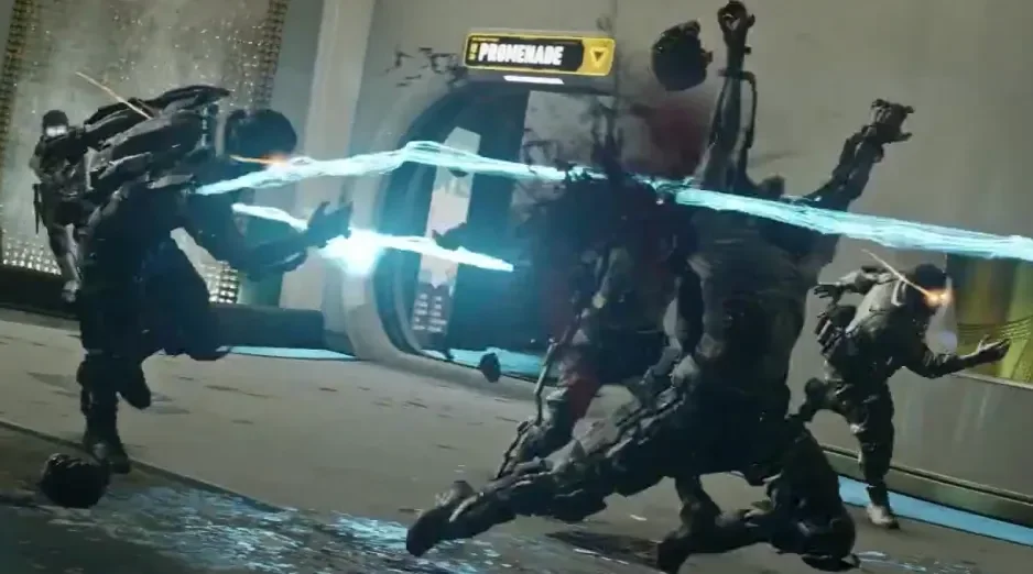 Zombies hit by a KL03-Trident bolt in the Promenade, Descent, Call of Duty Advanced Warfare Zombies