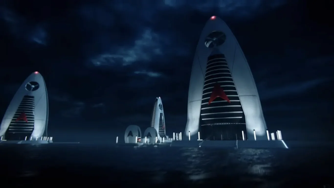 The two towers of the Trident Retreat over the sea at night, intro cinematic, Descent, Call of Duty Advanced Warfare Zombies