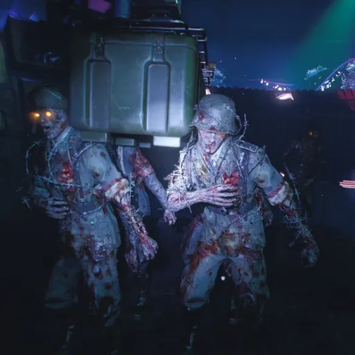 Four zombies carrying a crate on their shoulders in the Dark Aether, the Coffin Dance secret, Die Maschine, Call of Duty Black Ops Cold War Zombies