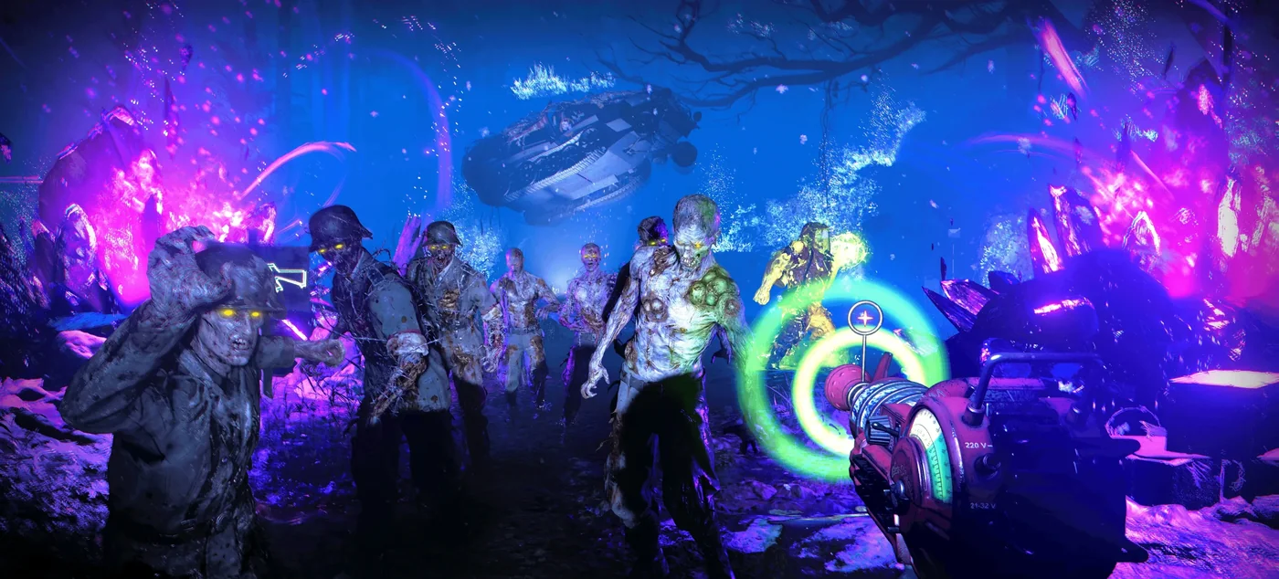 Zombies in the purple light of the Dark Aether, a player firing a weapon with a green ring, Die Maschine, Call of Duty Black Ops Cold War Zombies