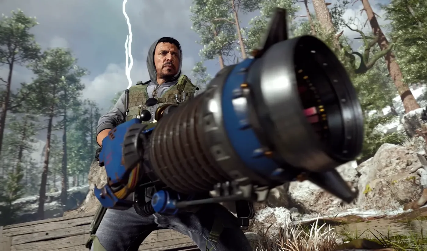 An operator holding the D.I.E. Machine in the forest, lightning in the sky, Die Maschine, Call of Duty Black Ops Cold War Zombies