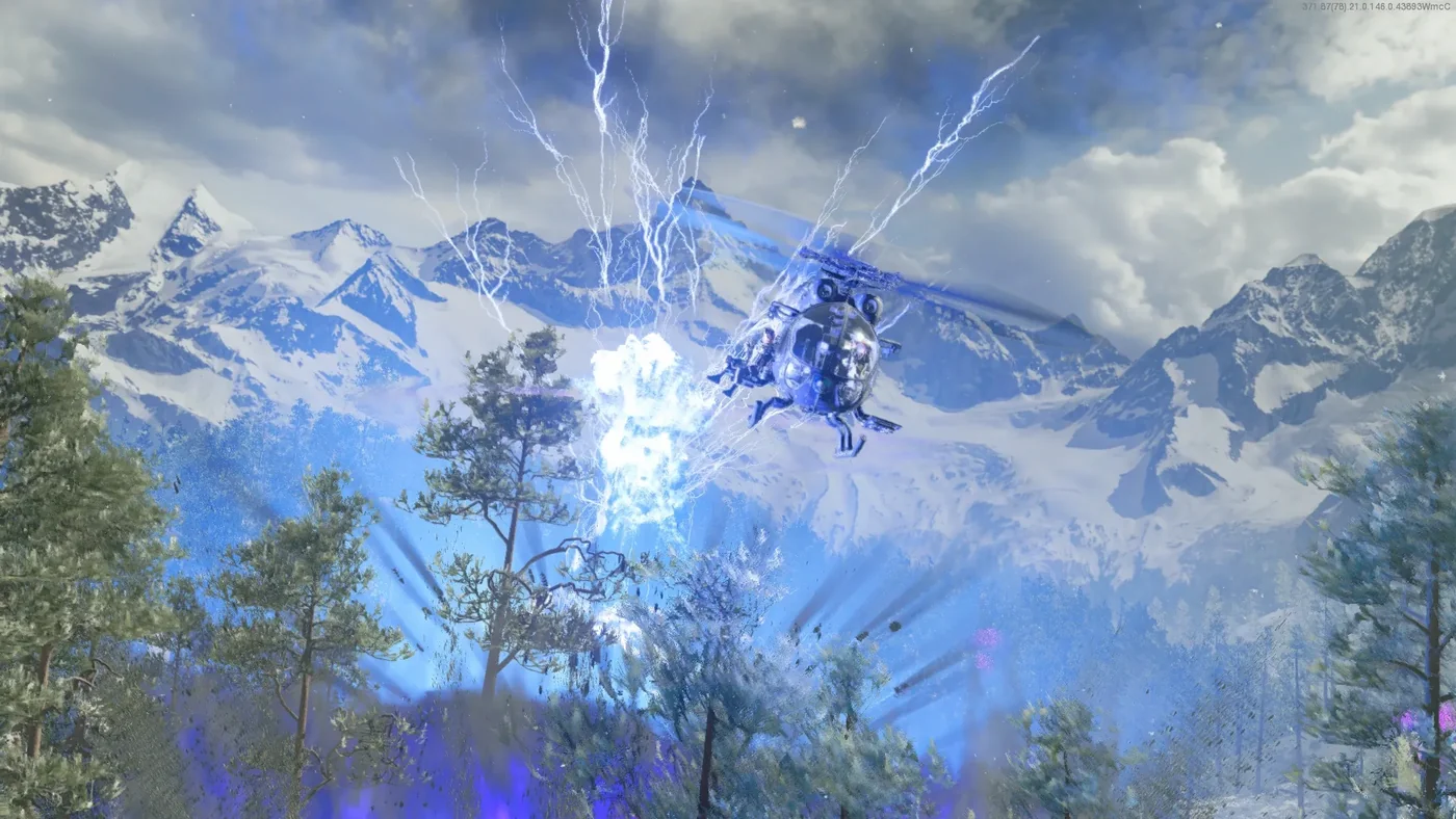 The Projekt Endstation facility blowing up in a column of light as the helicopter flies away over the mountains, Die Maschine, Call of Duty Black Ops Cold War Zombies