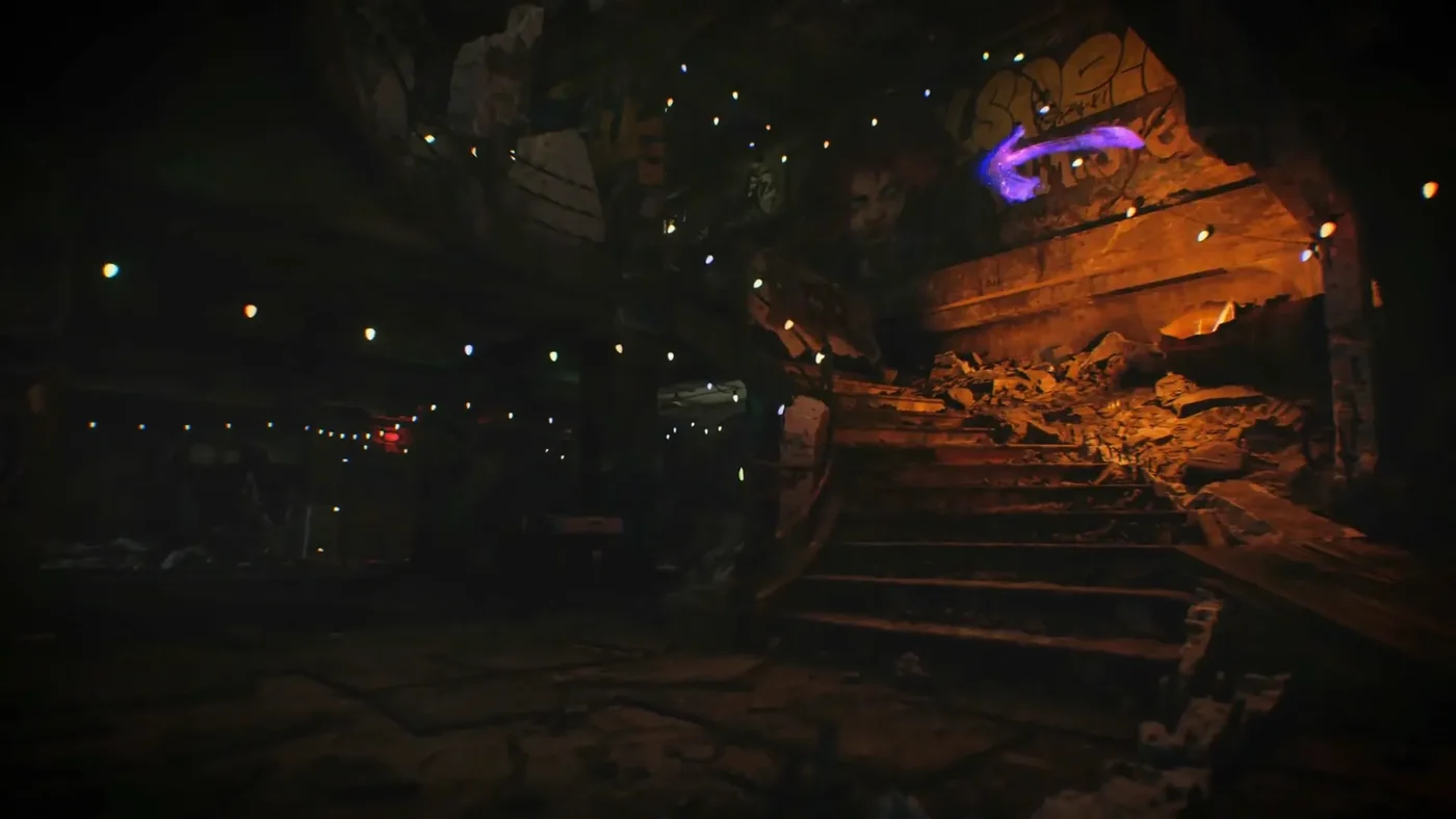 The Living Room of the old bunker, lit by strings of lights, with a staircase of rubble, Die Maschine, Call of Duty Black Ops Cold War Zombies