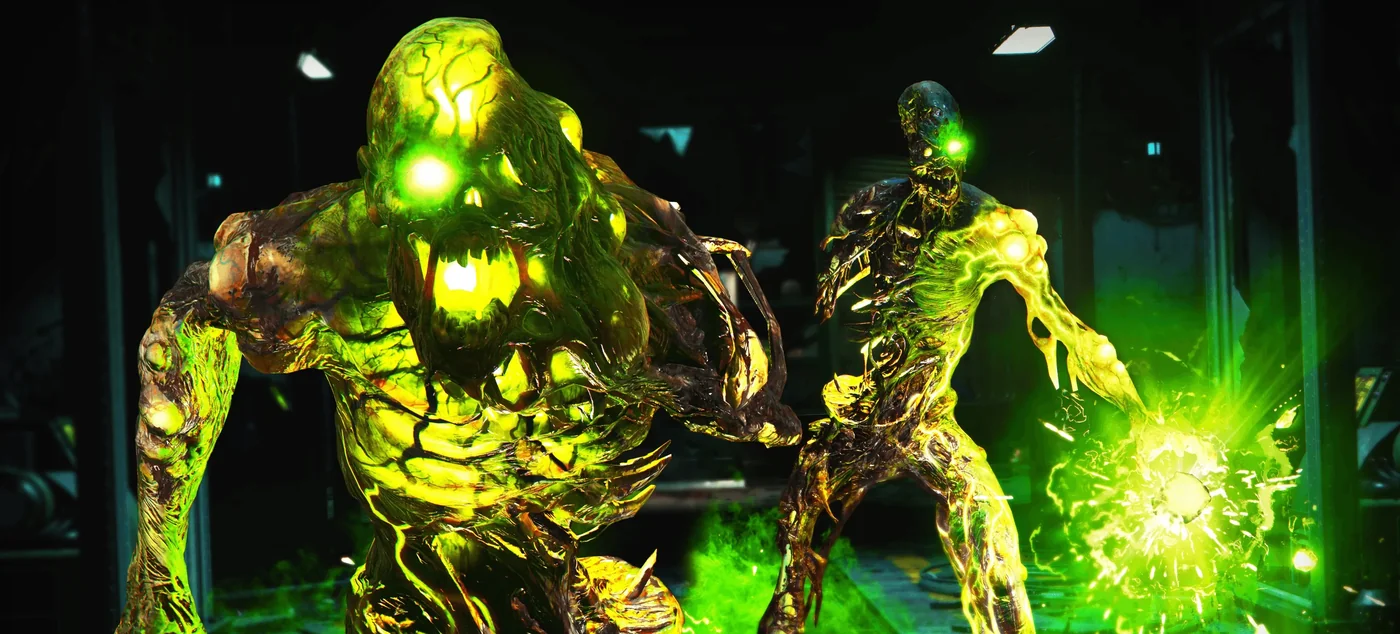 A Megaton glowing with radiation, beside a glowing zombie launching a green blast, Die Maschine, Call of Duty Black Ops Cold War Zombies
