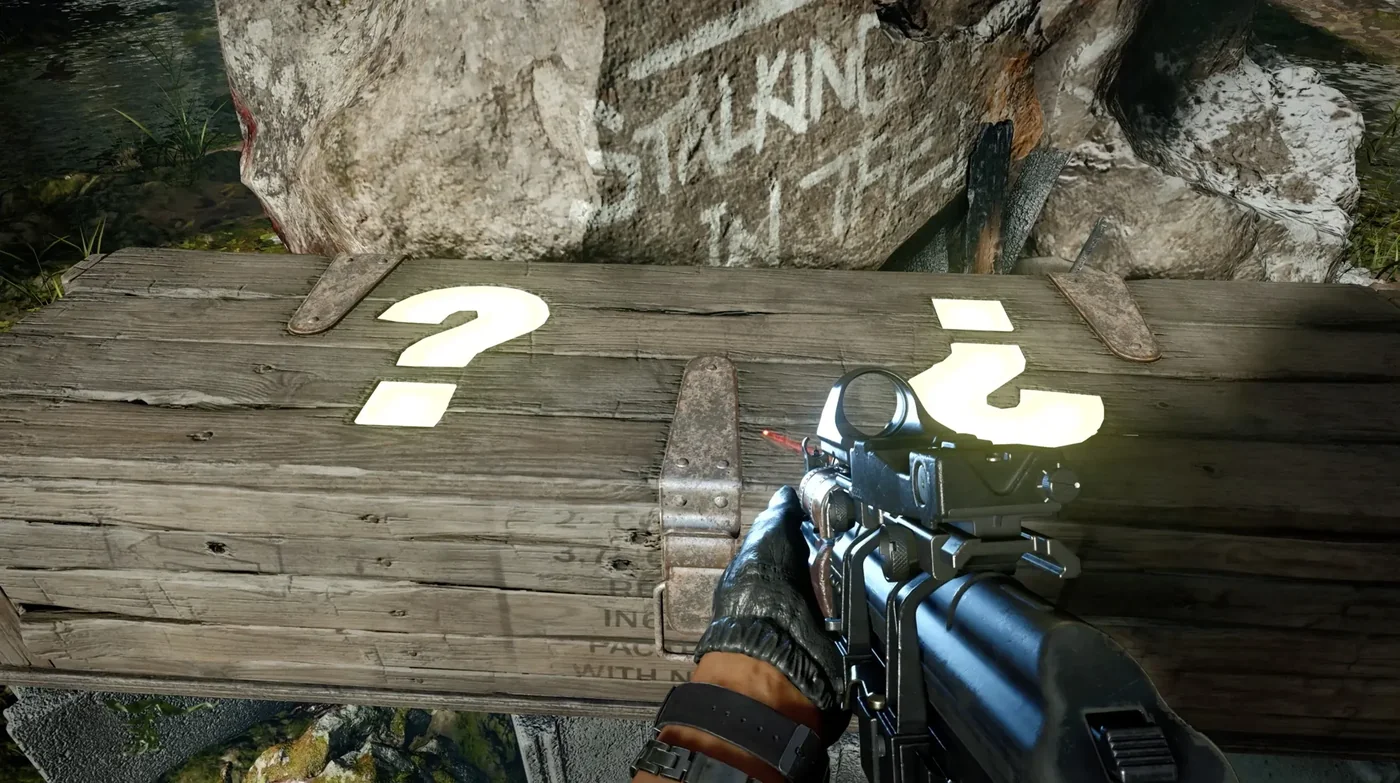 The closed Mystery Box with its glowing question marks, against a rock covered in graffiti, Die Maschine, Call of Duty Black Ops Cold War Zombies