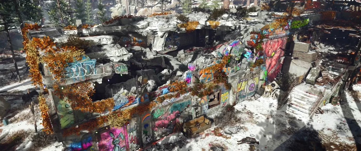 The ruins of the Nacht der Untoten bunker covered in graffiti, among the pines, Die Maschine, Call of Duty Black Ops Cold War Zombies