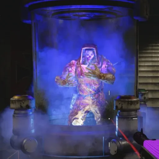 Orlov standing in the glass tank of Der Wechsler, glowing blue, Die Maschine, Call of Duty Black Ops Cold War Zombies