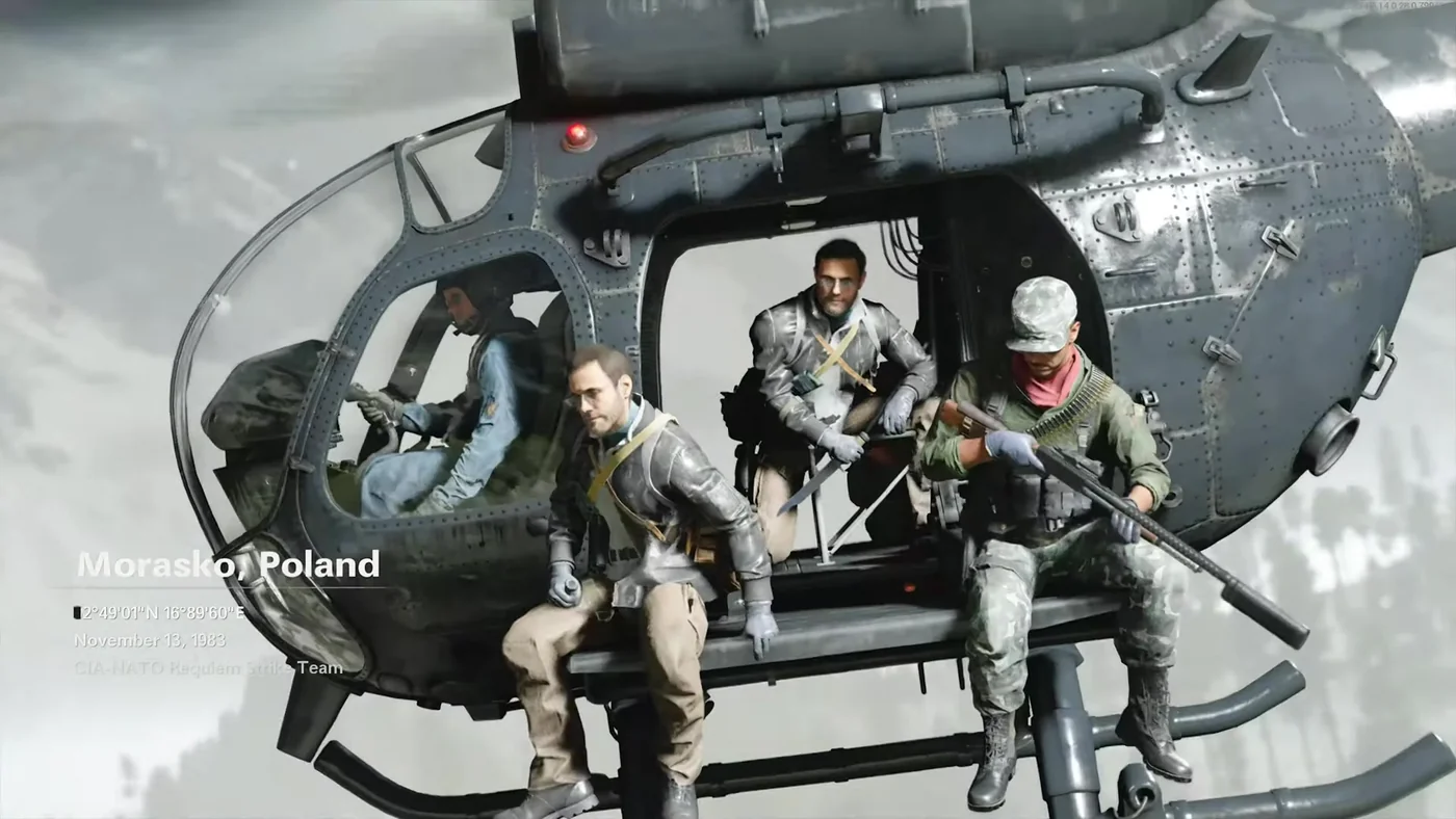 The Requiem strike team on the skids of the Raptor One helicopter above the clouds, intro of a game, Die Maschine, Call of Duty Black Ops Cold War Zombies