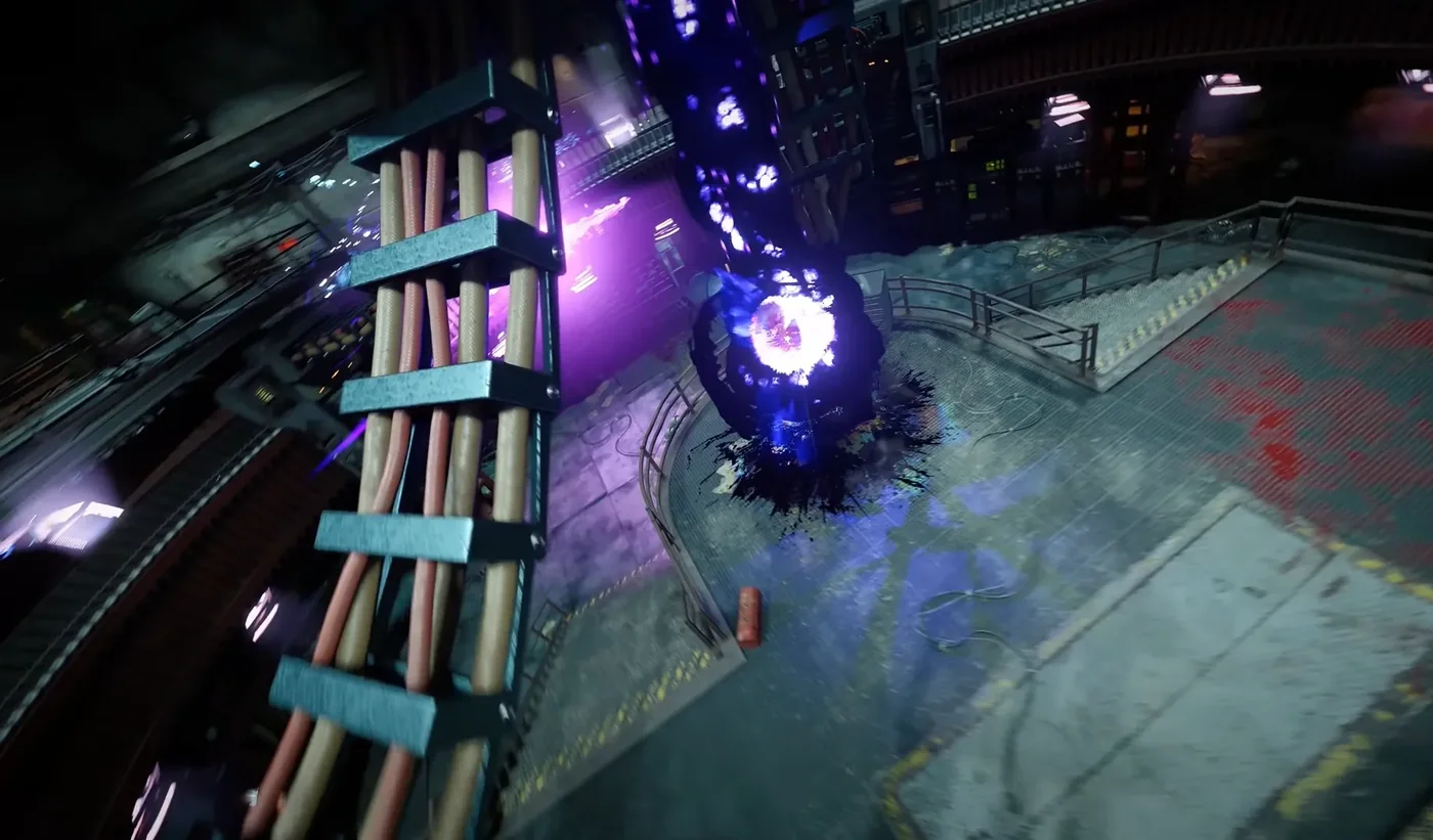 The Dark Aether rift glowing purple at the heart of the cyclotron, under the cables of the Particle Accelerator, Die Maschine, Call of Duty Black Ops Cold War Zombies