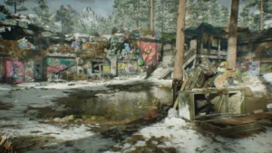 The Yard in daylight, a puddle of melted snow in front of the graffiti-covered ruins of the old bunker, Die Maschine, Call of Duty Black Ops Cold War Zombies