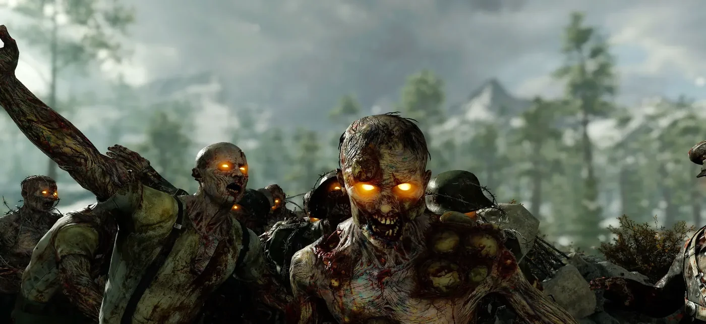A horde of zombies with glowing yellow eyes in the snowy forest, Die Maschine, Call of Duty Black Ops Cold War Zombies