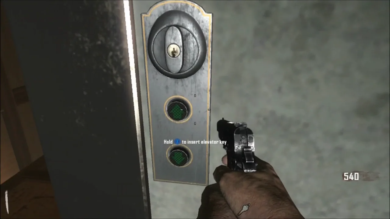 The key slot next to a perk elevator, Hold to insert elevator key in Die Rise, Call of Duty Black Ops II Zombies
