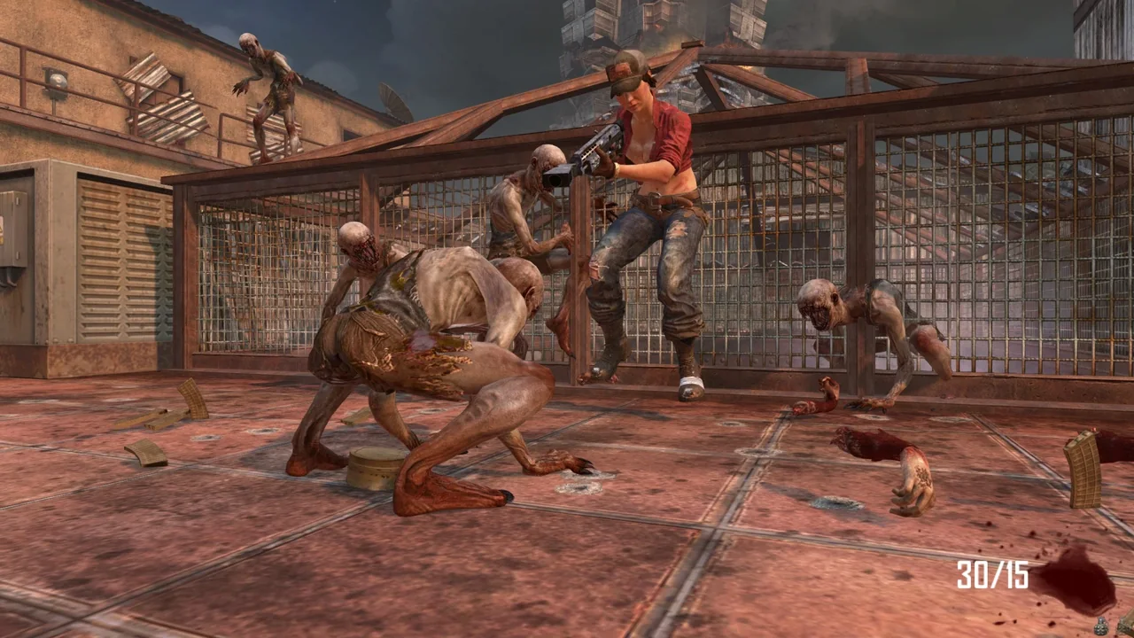 Jumping Jacks crouching around Misty on a rooftop in Die Rise, Call of Duty Black Ops II Zombies