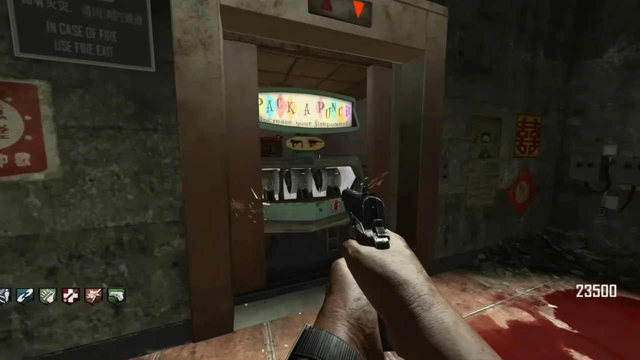 The Pack-a-Punch machine in its elevator, the direction light above the door in Die Rise, Call of Duty Black Ops II Zombies