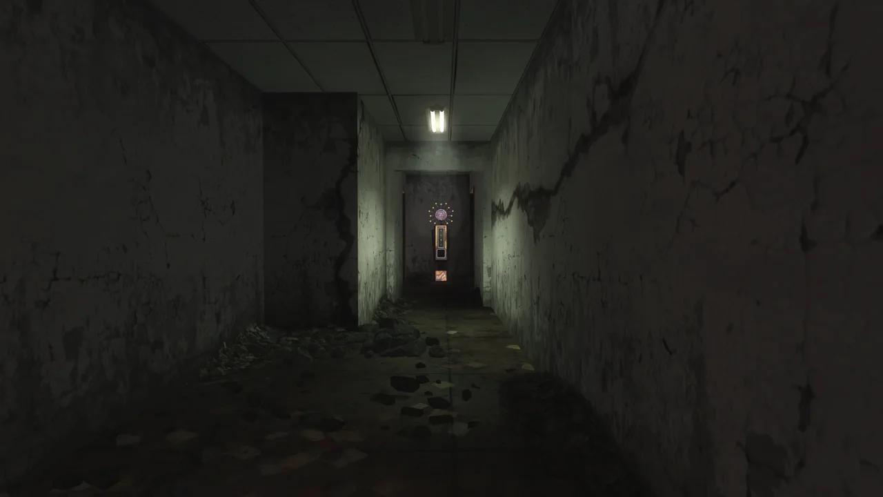 The PhD Flopper machine at the end of a corridor seen from the falling freight elevator in Die Rise, Call of Duty Black Ops II Zombies