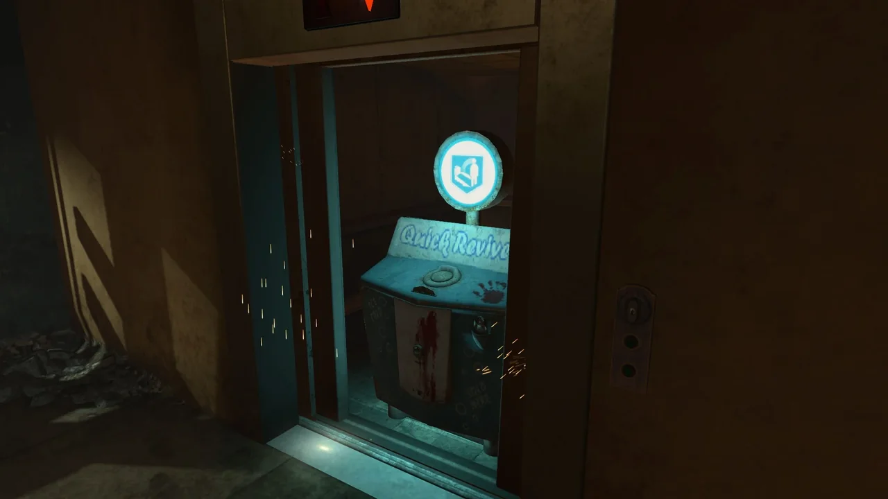 The Quick Revive machine inside its elevator, doors open in Die Rise, Call of Duty Black Ops II Zombies