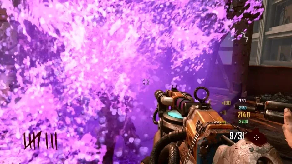 Firing the Sliquifier, its purple goo spraying in Die Rise, Call of Duty Black Ops II Zombies