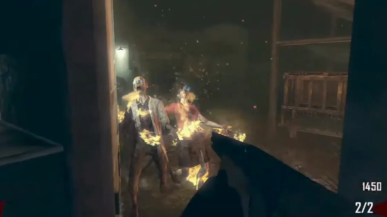 Two burning zombies coming at the player in Farm, Call of Duty Black Ops II Zombies