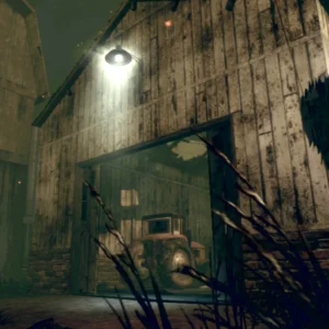 The barn at night, an old truck in its open doorway in Farm, Call of Duty Black Ops II Zombies