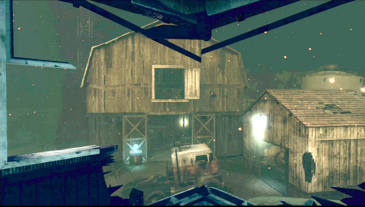 The barn and the shed at the Farm, seen from the farmhouse porch in Farm, Call of Duty Black Ops II Zombies