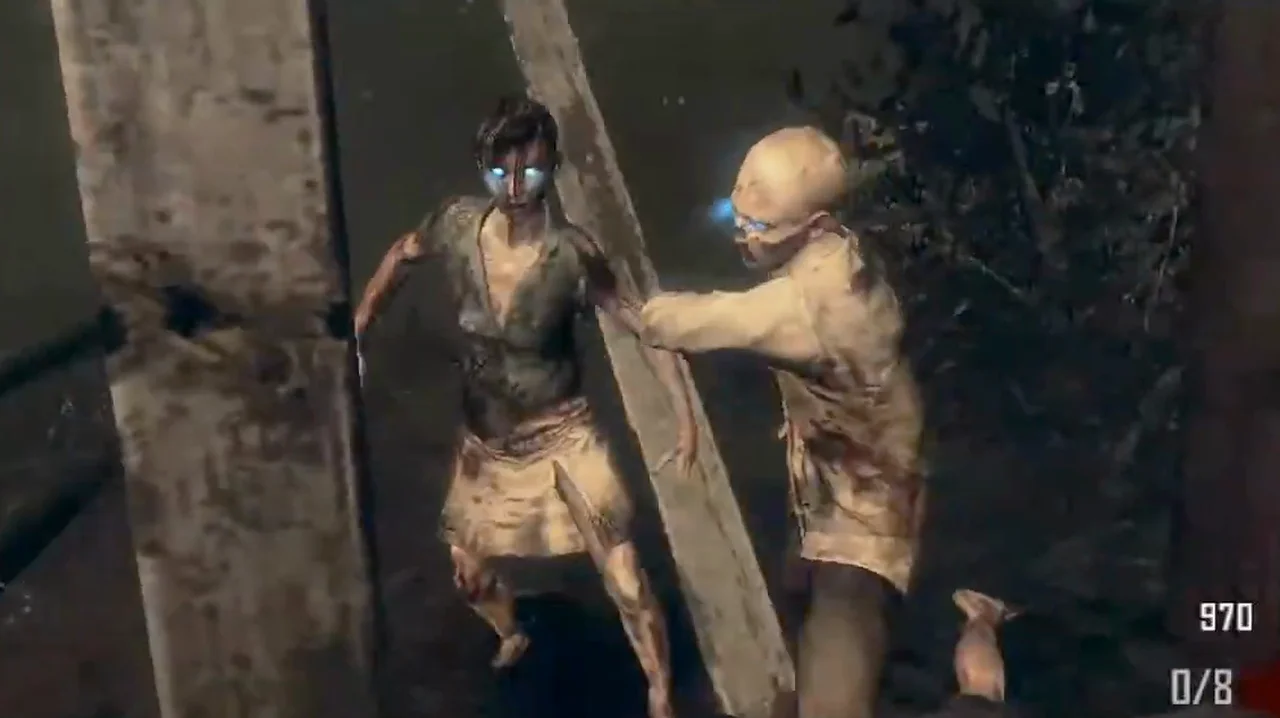 Two zombies with glowing blue eyes tearing at a boarded window in Farm, Call of Duty Black Ops II Zombies