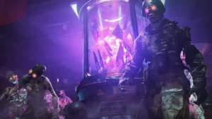 An Aether Reactor glowing purple, with zombies around it, promotional image, Firebase Z, Call of Duty Black Ops Cold War Zombies