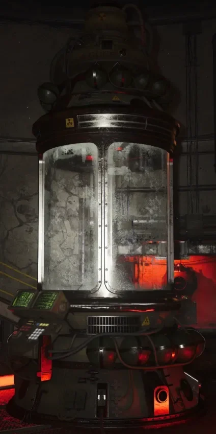 An inactive Aether Reactor, its glass tank dark, Firebase Z, Call of Duty Black Ops Cold War Zombies