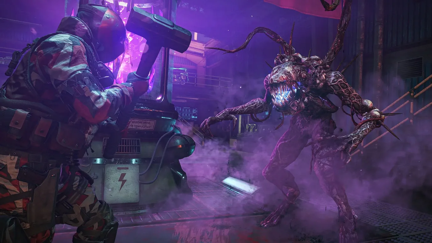 A Mimic and zombies attacking an Aether Reactor in a purple glow, promotional image, Firebase Z, Call of Duty Black Ops Cold War Zombies